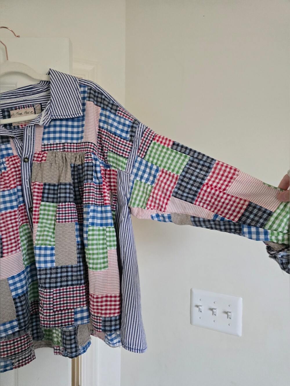 We The Free Patchwork Gingham Plaid Boho Button Front Blouse - Picture 7 of 10